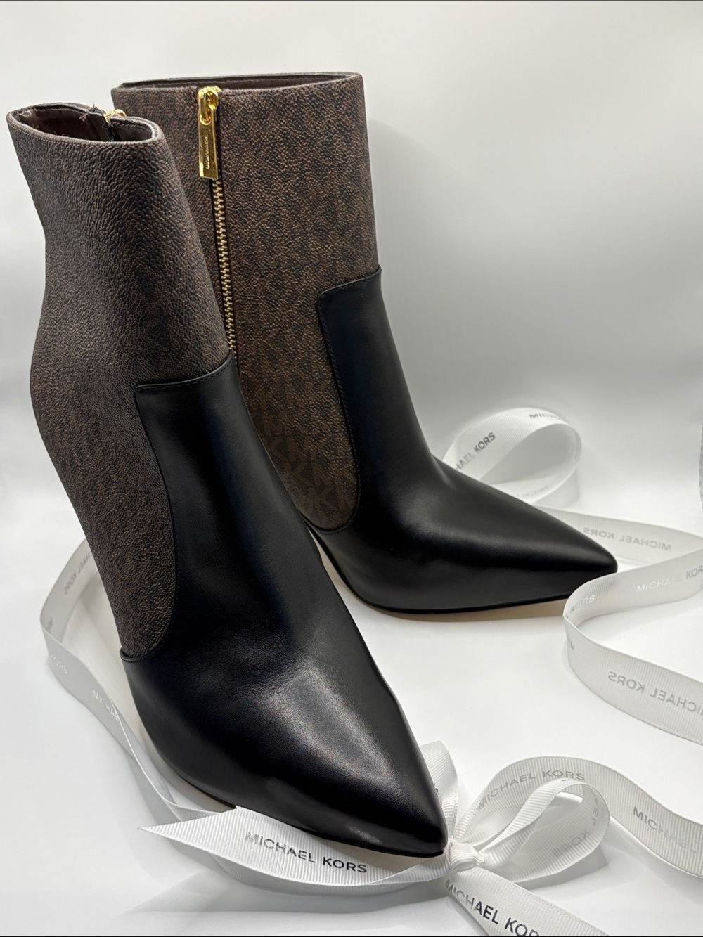 Michael Kors Rue Stiletto Black Leather & Brown Monogram Pointed Ankle Bootie